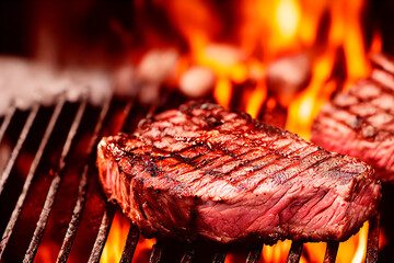 steak grilling on a grill on a barbecue party, with lots of fire on the background. ai generative content