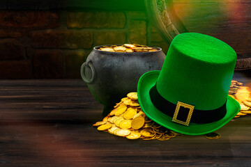 St.Patrick 's Day. Cauldron with gold coins and green leprechaun hat
