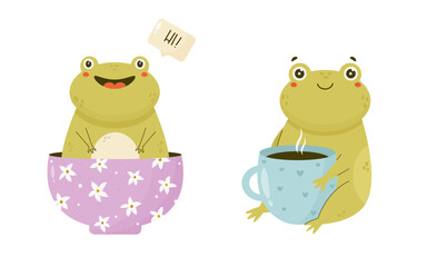 Cute happy frogs sitting in a bowl, with a cup of coffee
