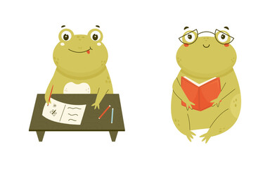 Vector illustration of a cute smart frogs reading and doing a homework