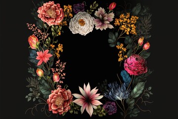  a floral wreath with flowers and leaves on a black background with a place for a text or a picture to be placed on the front.  generative ai