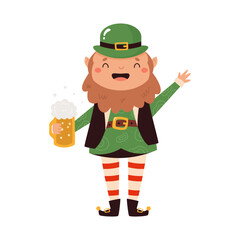 Cartoon leprechaun in traditional costume and hat with a beer