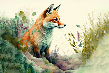 a painting of a fox in a field of grass and flowers with a white frame around it and a white background with a silver border.  generative ai
