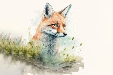  a watercolor painting of a fox sitting in the grass with its eyes open and looking at the camera, with a white background and a white frame.  generative ai
