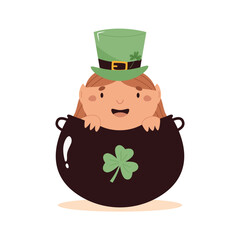 leprechaun, vector, elf, pot of gold, treasure, patrick, cauldron, ireland, hat, illustration, cute, funny, adorable, character, cheerful, happy, flat, mascot, march, day, costume, folklore, emotion, 