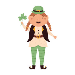Cartoon leprechaun girl n traditional costume and cauldron hat standing with a clover