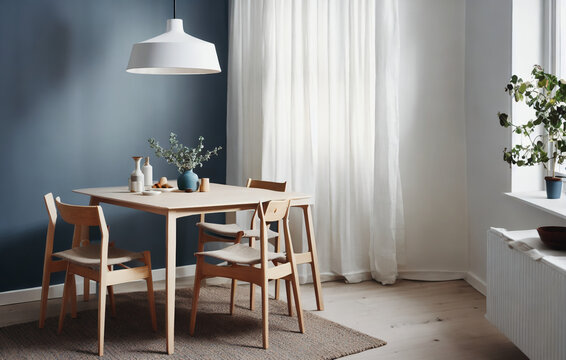 a dining room with a wooden table and chairs, a 3D render, by Johan Lundbye, featured on dribble, minimalism, ikea catalogue photo. Generative AI