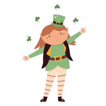 Cartoon dancing leprechaun girl in traditional costume and top hat. St Patricks day card. Funny Irish character isolated on white background