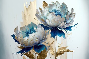  a painting of blue flowers in a vase on a table top with a white background and a gold leafy stem and stem on the vase.  generative ai