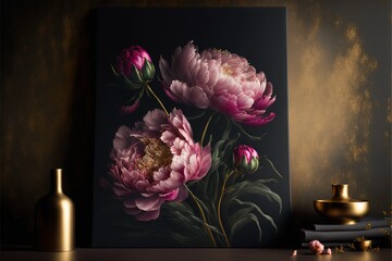  a painting of pink flowers on a black background with a gold vase and a gold vase on a table with a black background behind it.  generative ai