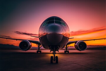  a large jetliner sitting on top of an airport tarmac at sunset with the sun setting behind it and a plane on the ground.  generative ai