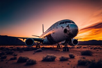 Fototapeta na wymiar a large airplane sitting on top of a desert field at sunset with a sky background and clouds in the background, with a few bushes and bushes. generative ai