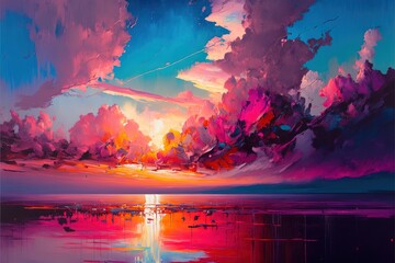  a painting of a sunset over a body of water with a boat in the water and clouds in the sky above it and a boat in the water.  generative ai