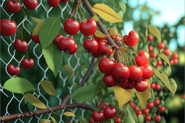  a bunch of cherries hanging from a tree branch with leaves and berries on it, with a chain link fence behind them, in a green area with blue sky.  generative ai