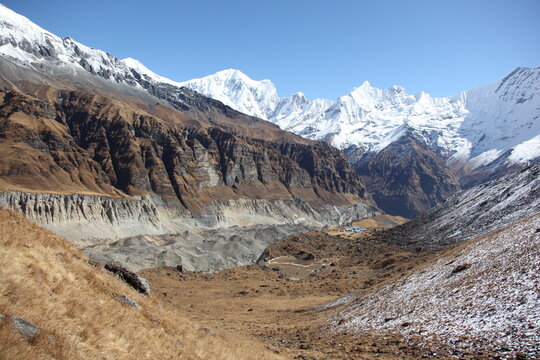 landscape in the Nepal. Anapurna base camp trek with a view of the eight thousand peaks