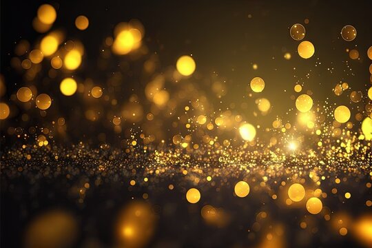  a blurry image of a gold glitter background with a black background and a gold boke of lights in the middle of the image.  generative ai