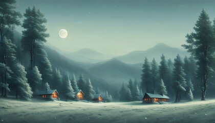Winter mountain landscape with cabin, snow, dreamy view. Generative AI