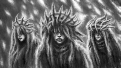 Creepy weird sisters of darkness. Evil witches illustration. Branch crowns. Horror fantasy genre. Mystic girl face. Other dark world. Gloomy ghost in haze. Spooky female character. Gothic cruel woman.