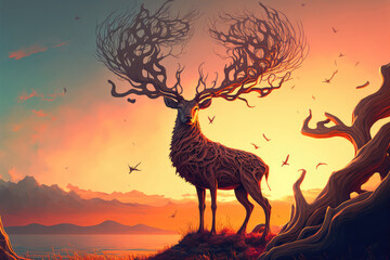 illsutration painting of a wooden deer at sunset. (ai generated)