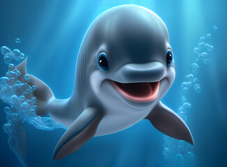 Cute smiling cartoon dolphin on a background of blue clear water and bubbles.Stylized adorable baby dolphin on the background of the sea.AI generated.