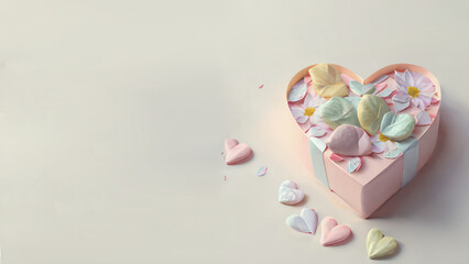 Heart-shaped gift box with ribbon and flowers, generative AI