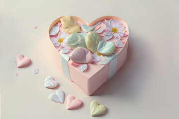 Heart-shaped gift box with ribbon and flowers, generative AI