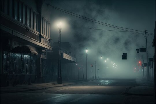  a foggy street with a traffic light and street lights on a foggy night with no one in sight in the picture or in the picture.  generative ai