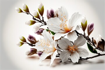  a white flower with purple and green leaves on a white background with a gray background and a white background with a white background and a brown center.  generative ai