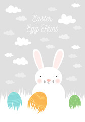 Easter greeting card. Illustration of the Easter bunny and Easter eggs