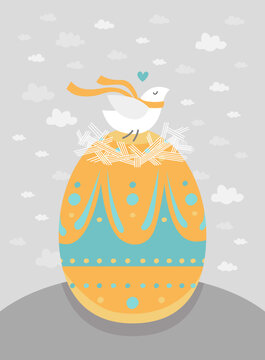 Easter illustration. Cute bird in the nest on the painty Easter egg