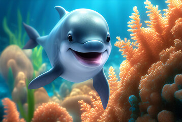 A cute smiling cartoon dolphin on a background of blue clear water and corals.A stylized charming dolphin on a background of algae.AI generated.