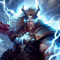 God of thunder and lightning anime style. Generative AI.