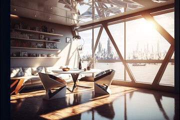 Fototapeta premium Futuristic apartment penthouse interior with modern design. Desinged using Generative AI. 