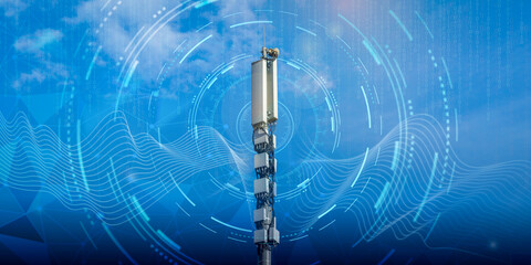 Telecommunication tower with 4G, 5G transmitters. Cellular base station with transmitting antennas...