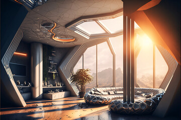 Futuristic apartment penthouse interior with modern design. Desinged using Generative AI.  - obrazy, fototapety, plakaty