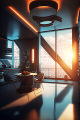 Futuristic apartment penthouse interior with modern design. Desinged using Generative AI. 