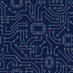 Technology electronic devices seamless pattern, circuit board background. AI and artificial intelligence training concept. Vector illustration