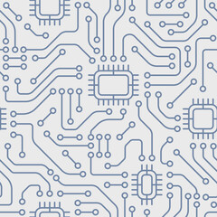 Technology electronic devices seamless pattern, circuit board background. AI and artificial intelligence training concept. Vector illustration
