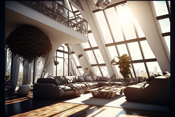 Futuristic apartment penthouse interior with modern design. Desinged using Generative AI.  - obrazy, fototapety, plakaty