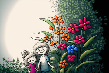 cartoon of mother and daughter in a garden, ai generated