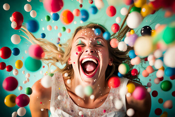 Woman looking up with eyes close in joyous excitement, Woman entertainment joyous, colorful, dance. Generative AI, this image is not based on any original image, character or person.	