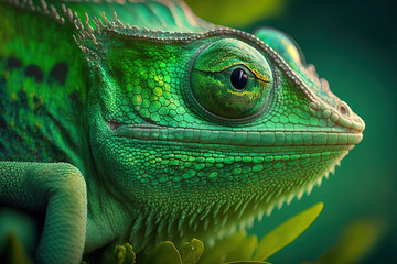 Green chameleon closeup shot, 3d render illustration, AI generated 