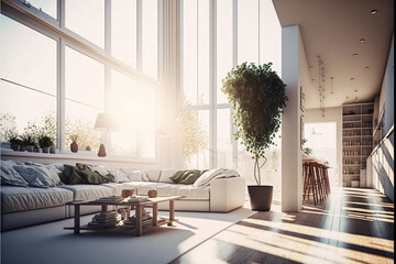 Modern living room interior in a penthouse with huge windows. Designed using generative ai. 