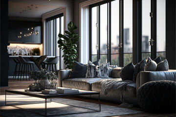 Modern interior of a living room. Penthouse loft with huge windows. Designed using generative ai. 