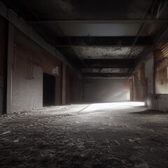 Fototapeta na wymiar Inside a dilapidated warehouse, where darkness is the only companion