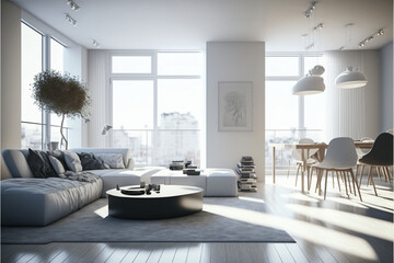 Modern living room interior in a penthouse with huge windows. Designed using generative ai. 