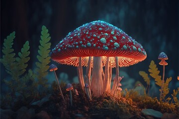  a group of mushrooms that are sitting in the grass together on the ground in the woods at night time, with a blue light shining on them.  generative ai