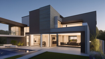 modern house in the suburbs, mansion, luxurious, in the middle of the environment, Generative AI