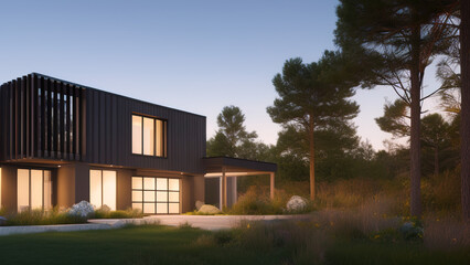 modern house in the suburbs, mansion, luxurious, in the middle of the environment, Generative AI
