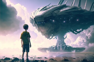 Boy standing in front of alien ship illustration. UFO. Painting, digital style. illustration. digital illustration. Digital painting. Generative AI